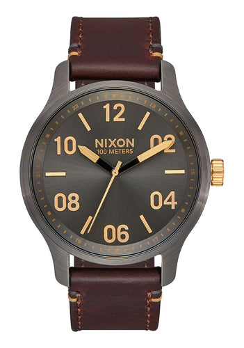 Nixon 42 mm Patrol Leather Watch Gunmetal/Gold A1242-595