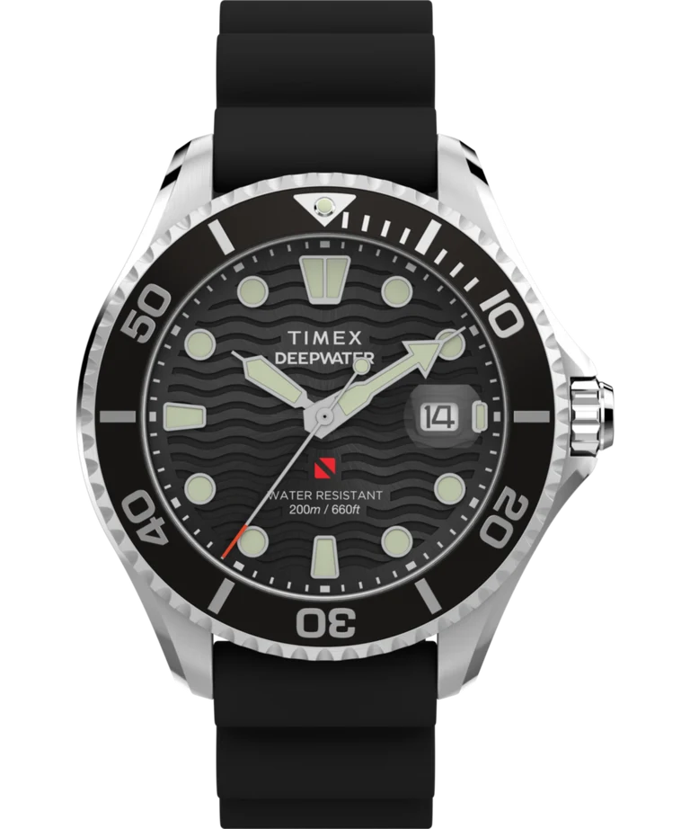 Timex Deepwater Meridian 200 Rubber Strap Black Dial 44MM Watch TW2W81600
