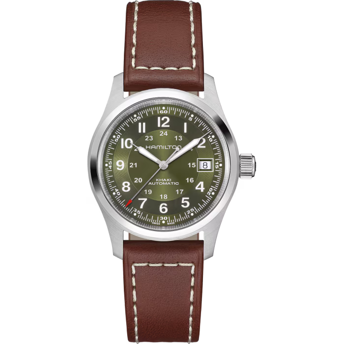 Hamilton Khaki Field Auto 38mm Green Dial Brown Leather Strap Watch H70455560