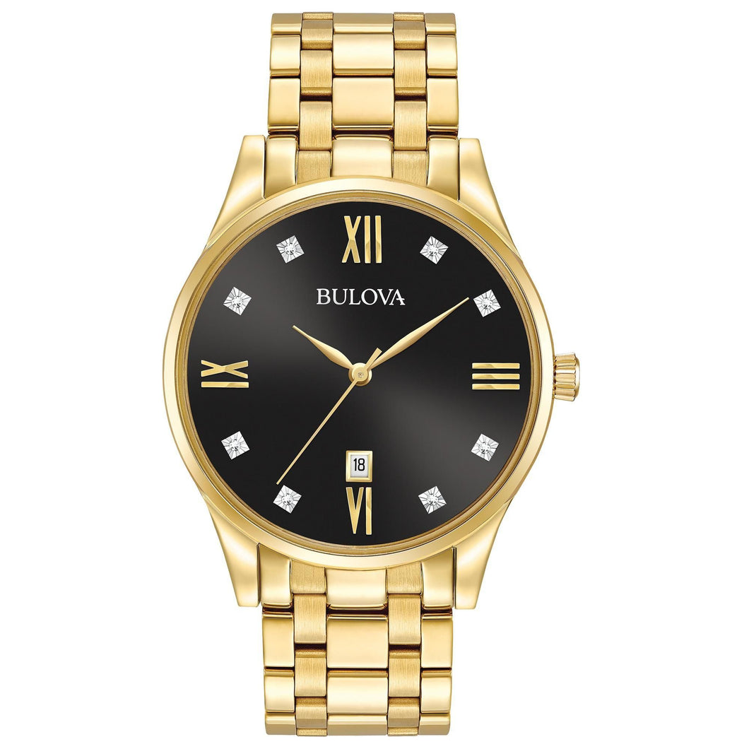 Bulova Men's Diamonds Black Dial Yellow Gold Plated Steel Bracelet Watch 97D108