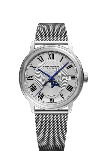 Maestro Moon Phase Men's Silver Automatic Mesh Steel Watch, 40mm 2239M-ST-00659