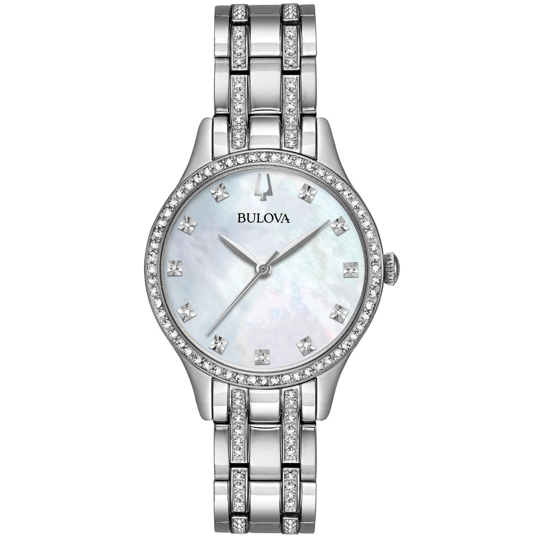 Bulova Ladies' Crystal Mother of Pearl Dial Stainless Steel Watch and Two Bangle Bracelet Set 96X145