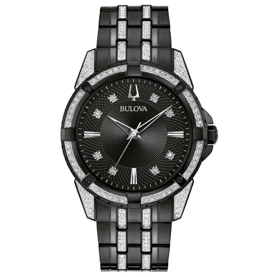 Bulova Men's Crystal Black Stainless Steel Watch and ID Bracelet Set 98K109