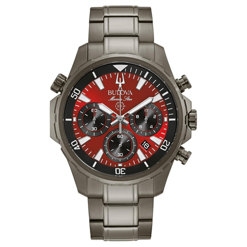 Bulova Men's Marine Star Red Dial Chronograph Grey Stainless Steel Watch 98B350