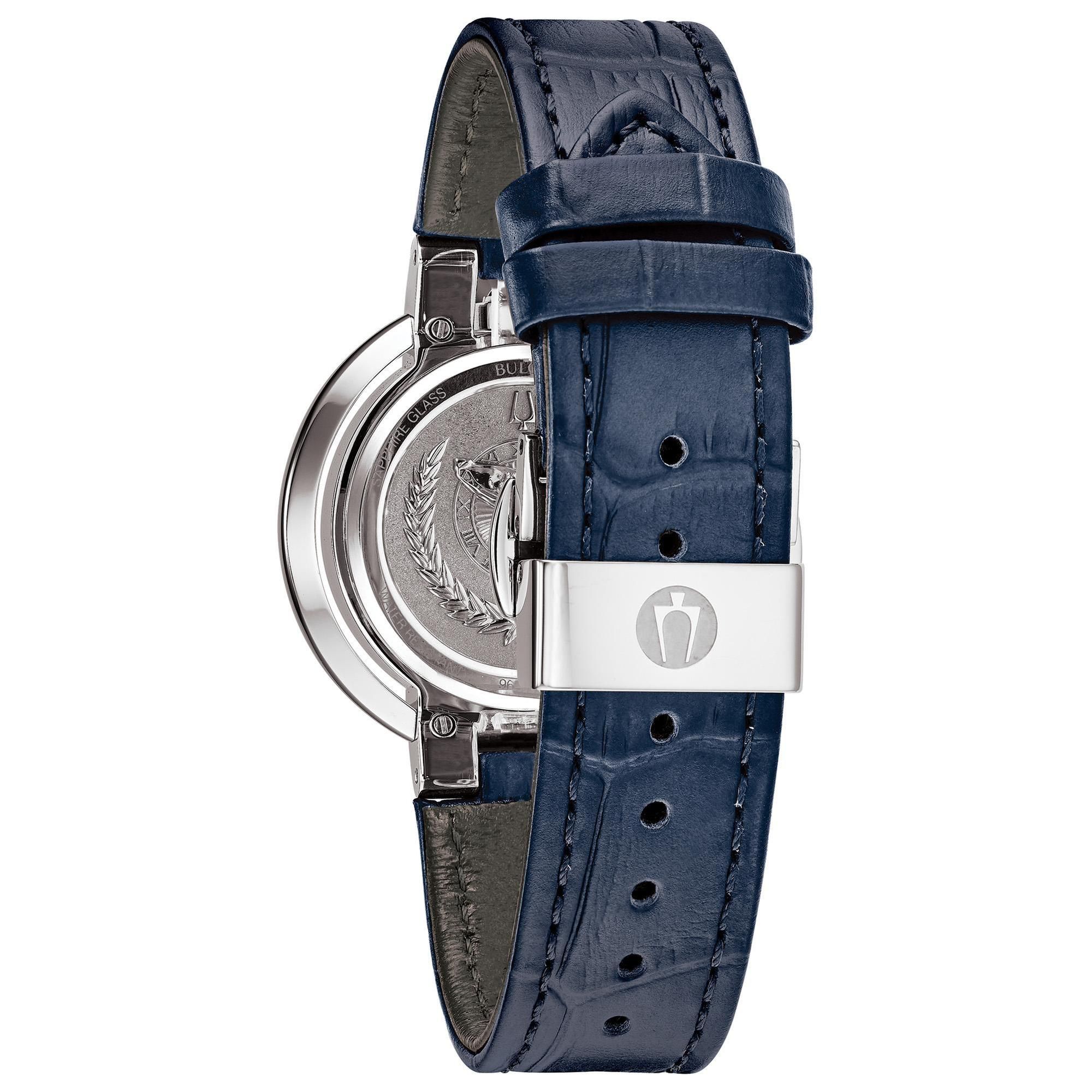 Bulova Ladies' Rubaiyat Diamond Moon Phase Blue Leather Strap Watch 96 ...